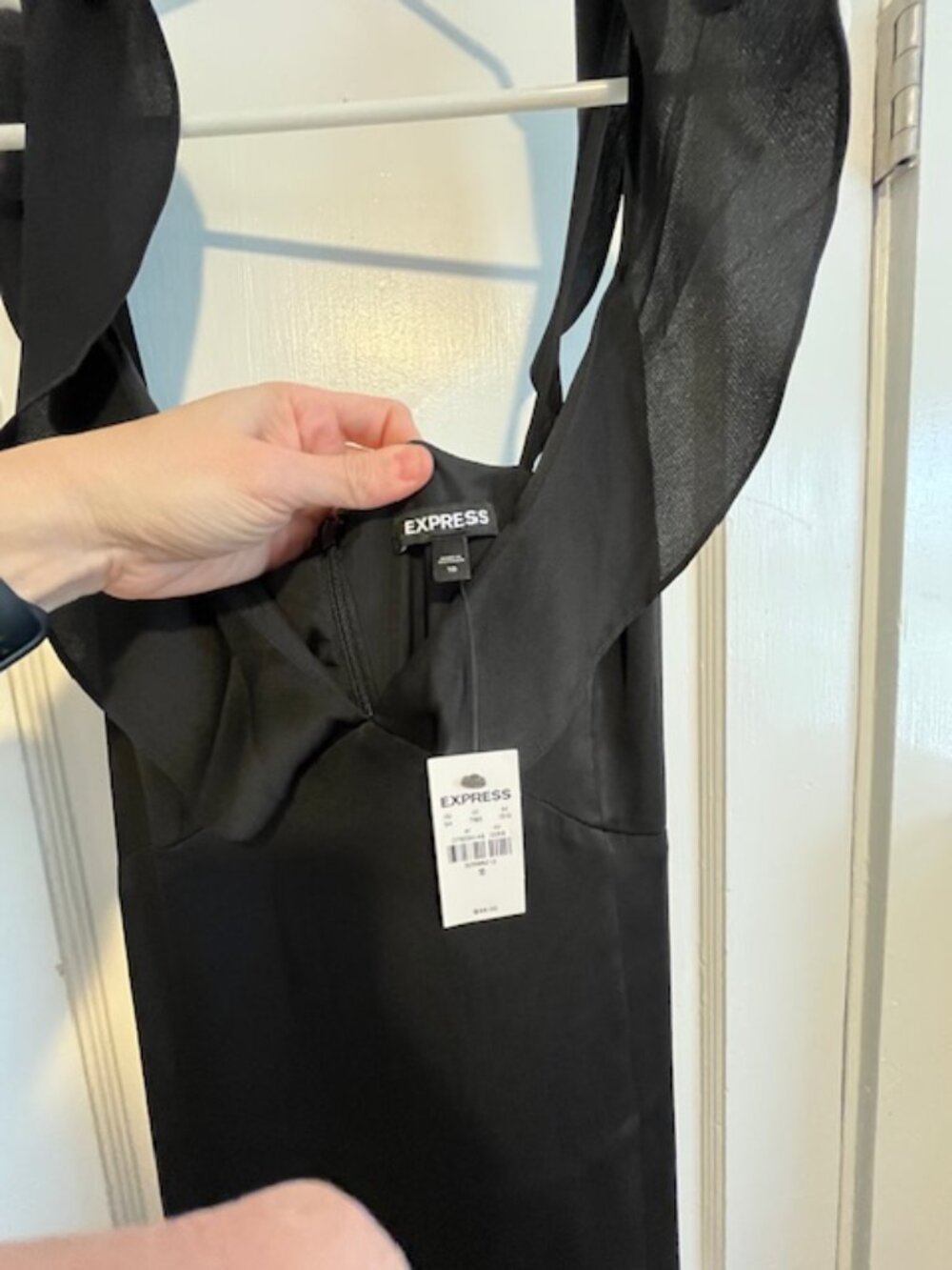 NWT EXPRESS Black Satin Ruffle Strap Midi Dress | Size 10